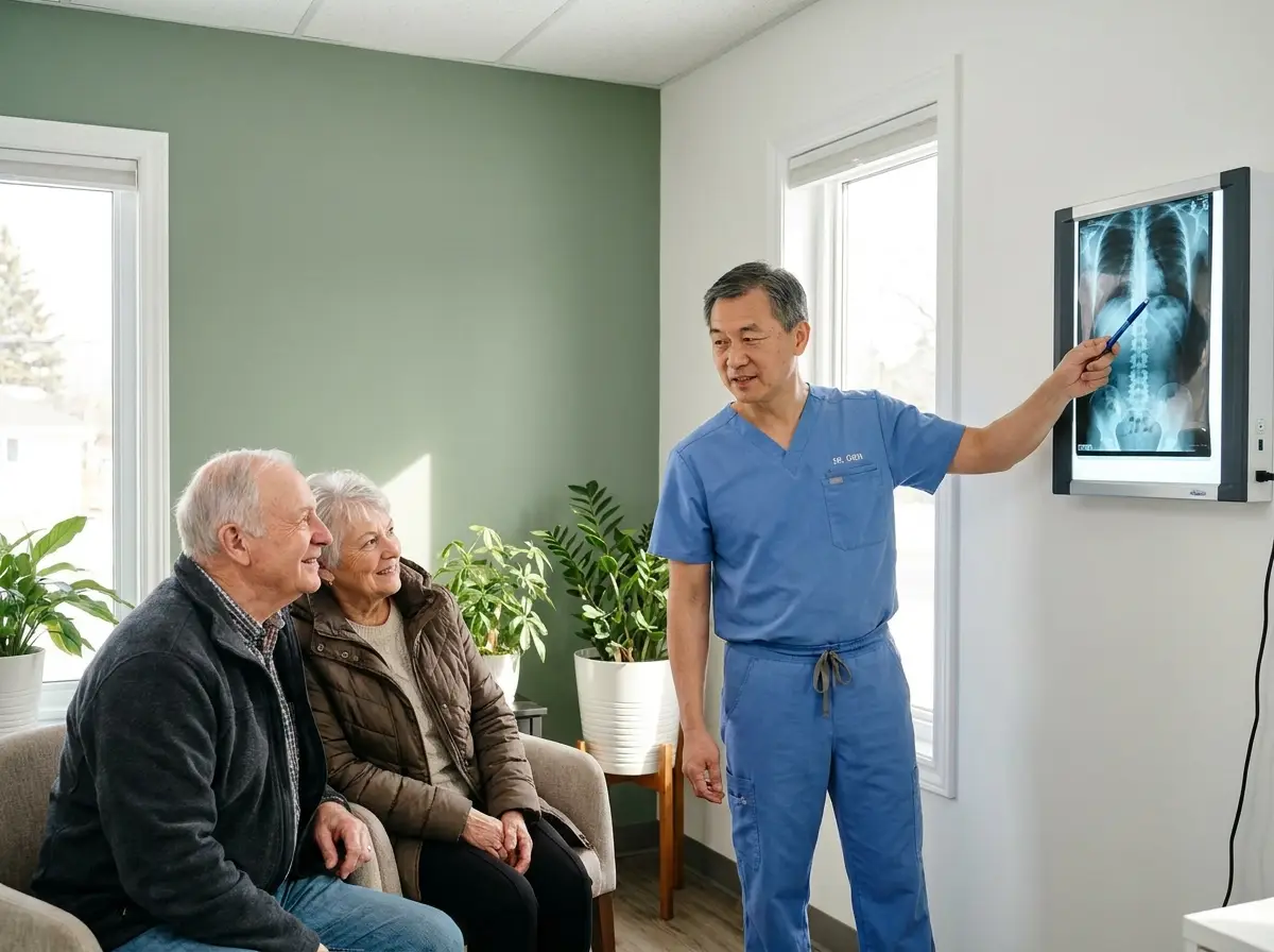 Doctor explaining a spine X-ray to a senior couple
