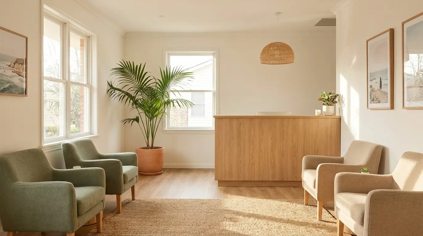 The warm, coastal waiting room at Bonita Chiropractic Center